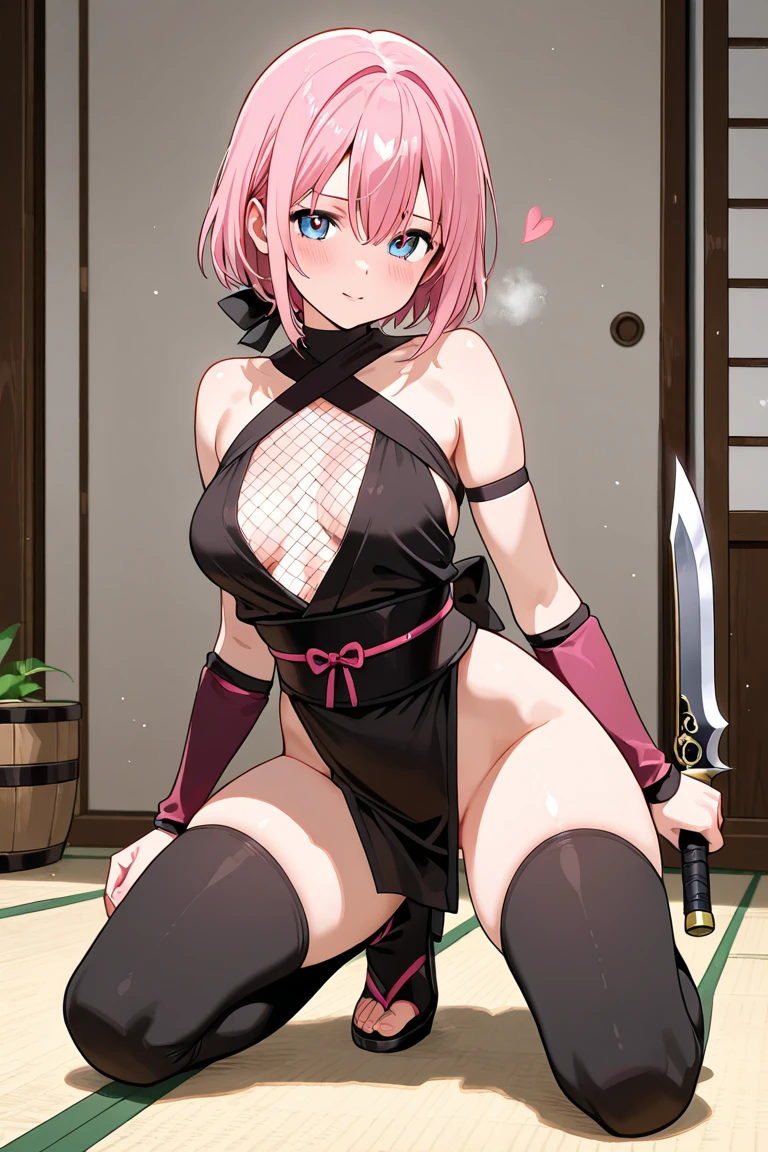(Highest quality, 4K, 8k, High resolution, masterpiece:1.2), Very detailed, Picturesque, Animated Photography, Photo Animation:1.37)、Japanese schoolgirl、(Pink Hair)、(short hair)、stnding、(ninja:1.2),(fishnet-bodysuit:1.3), bare shoulders, detached sleeves, cleavage,thighhighs, black hair,(red ribbon:1.2),(ninja sword:1.3)
、black choker、Ecstasy face、Sweat、Are crying、vapour、trembling、Full body photography、Nakano ichika
