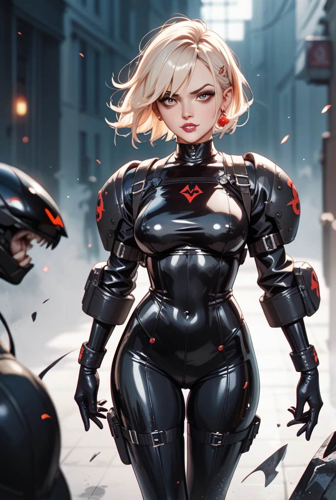Image of a woman/Batman/Spider-Man/Kamen Rider, Max resolution/detail/quality/sharpness. Unreal Engine 5, Anime style, mohawk hair, huge breasts1, looking at the viewer furiously, pose with futuristic armada, showing off to the viewer, in a futuristic military base in front of the entrance of a laboratory.