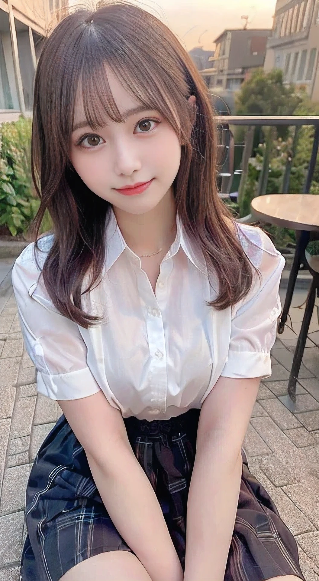((Best of the highest quality, 8k, Masterpiece, raw photo: 1.2)), (Sharp focus: 1.2), (1 AESPA, slim body type female, 21 y/o: 1.1), (Solo: 1.28), (realistic, photo-realistic:1.37), face focus, cute face, finely eyes, (droopy eyes: 1.32), (Emphasize prominent aegyo-sal with bright: 1.2), shimmering eyeshadow applied under the lower lash line, paired with thick, (small breasts, flat chest, Thigh: 1.3), (short messy hair, bangs: 1.28), (wearing button down business shirt, panties: 1.32), walking terrace dining, flower, (from below: 1.12)