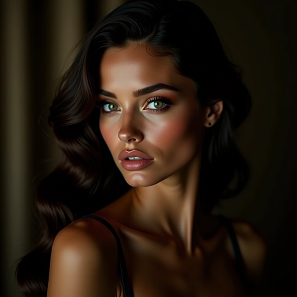 Beautiful woman with Latin features and red lips with cleavage 