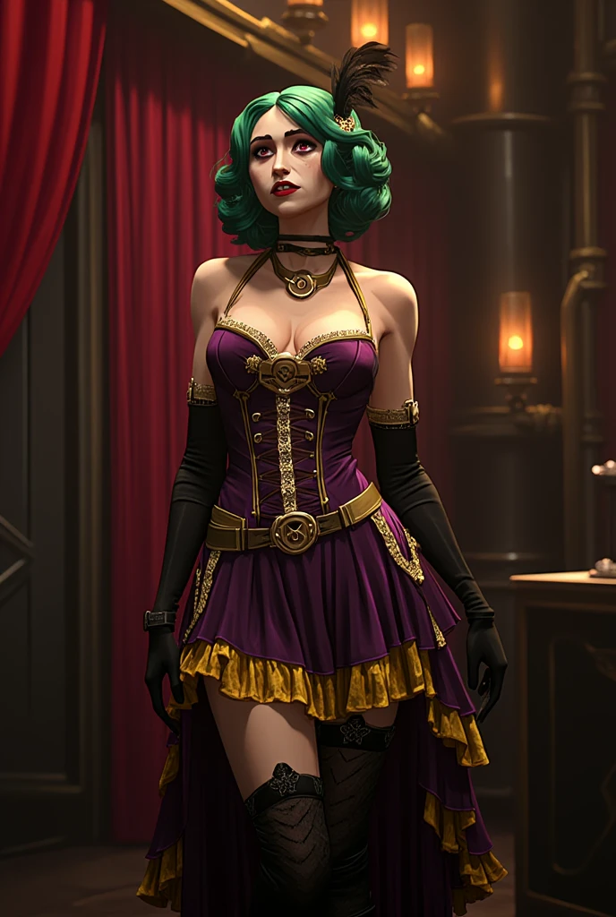 "(exquisitely detailed CG unity 8k wallpaper, masterpiece-quality with stunning realism), (best illumination, best shadow), (best quality), (elegant style:1.2), Arti modern anime. angled view, heroic pose, midshot, (cel-shading style:1.3), centered image, ultra detailed closeup portrait of Mad Moxxi from Borderlands, posing, (face closeup:1.6) (full body:1), (foreshortening effect:1) (tetradic colors), inkpunk, (ink lines:1.1), strong outlines, art by MSchiffer, bold traces, unframed, high contrast, (cel-shaded:1.1), vector, 32k resolution, best quality, flat colors, flat lights full zoom, action portrait, photorealistic. cinematic lighting, highly detailed. best quality, 4k, (Better hand:1),perfect anatomy, leaning forward, foreshortening effects, coy flirty sexy expression, foreshortening effect, (piercing eyes:1), surrounded by an ominous and dark atmosphere, accentuated by dramatic and striking lighting, imbued with a sense of surreal fantasy". (mature:0.5) (sitting on a pile of gold coins:1.2) vibrant colours, (small mini red velvet top hat with a blue and yellow feather:1.3), (white face makeup with pink cheek makeup:1.3) (gold coins and treasure:1) (gold coins scattered:1) (sexy sultry flirty expression:1) (white high heel boots:1.2) (elegantly crossing legs sitting:1) (red corset:1) (in a casino:1.5)