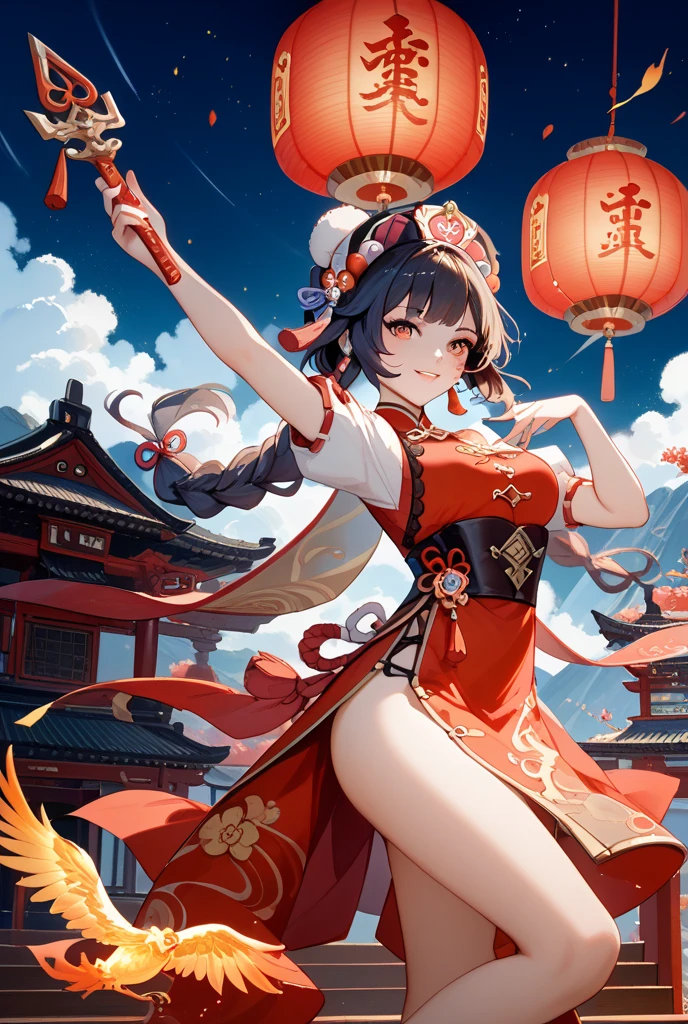 1 City， Chinese big breasts，Chang'an，Da Tang，ancient buildings， Light brown tones， in a panoramic view， A detailed， fire works， New Year