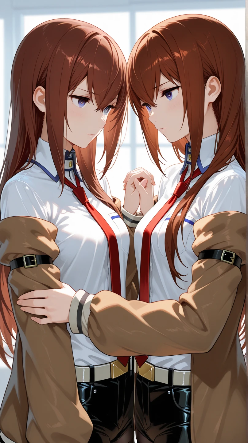 kurisu makise steins gate anime, atmospheric, elegant portrait, super highly detailed, professional digital painting, artstation, concept art, 8k, art by wlop, artgerm and alphonse mucha and eiichiro oda shinkai makoto vibrant Studio ghibli kyoto animation hideaki anno Sakimichan Stanley Artgerm Lau Rossdraws James Jean Marc Simonetti, Beautiful woman, light brown hair, light brown eyes, red turtleneck shirt, white pants, black belt, makeup, top-down view, 2d background, impeccable posture, master piece, super detail, attitude, 40 year old woman, strong expression, attitude,, bob, profile
