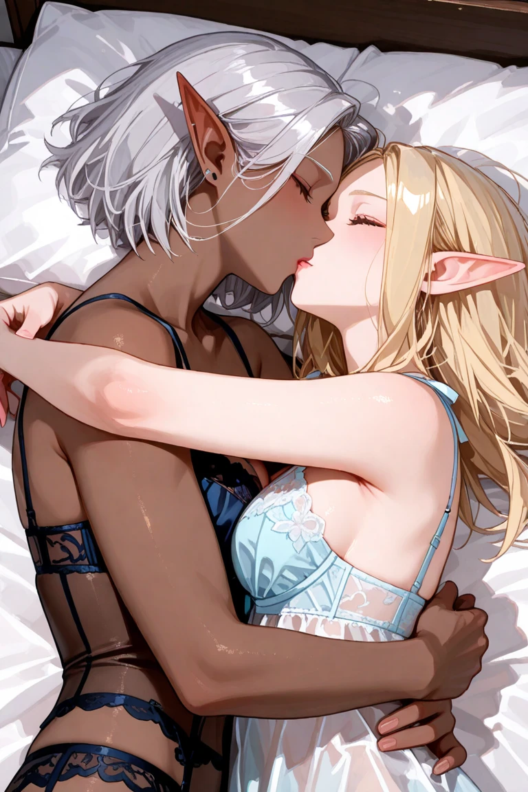 ((Лучшее качество)), ((шедевр)), (подробный), dark elf futanari with dark skin and white hair wearing only erotic tunic visible pubic hair