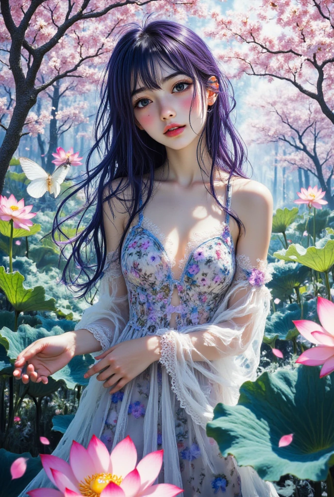 1girl, woman, blue skin color, purple wavt hair, dryad, upper body view, lush forest, petals, masterpiece, best quality, dress made of petals, facing viewer, large breasts