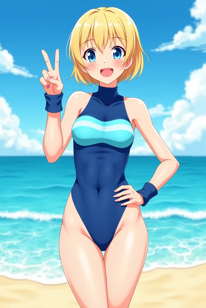 standing footjob、barefoot,Blonde hair, short mash hair, turquoise eyes,A girl with impressive blonde hair、hair ornaments、short bob、hot pants、smile、dynamic pose, Pink bondage suit, mocking smile,Showing armpits, hands behind head, nakedness
