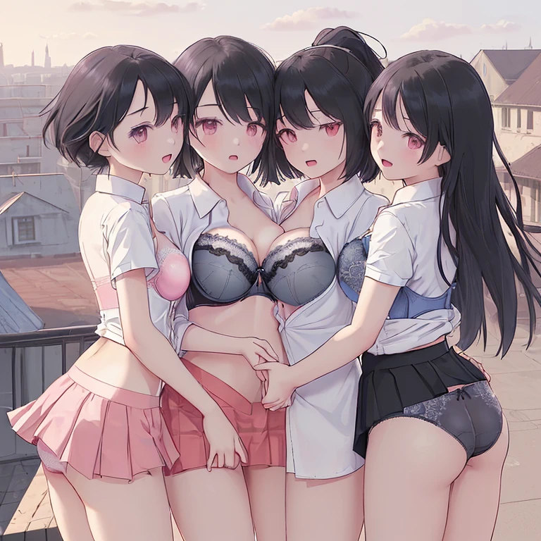 Super detailed, best quality, High resolution, Moe anime, ((((Three cute s with black hair and big round glasses hug each other.)))), (baby face), ((Big eyes:1.5, drooping eyes:1.2)), dark blue eyes, cute eyes, detailed eye description, brilliance of eyes, view audience, pale skin, ((())), NSFW, focus on the face, ((bust shot)), ((Naked sailor suit, Lower body is naked)), nipples are visible, In the park where cherry blossoms dance, Navel exposed, bare shoulders, Skirt-lift, Shirt-lift, Sunlight, sitting, From above, ((flat chest)), Twin-tailed hairstyle