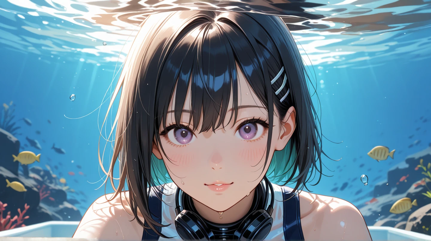 diving,In the water,Black Hair,Short Hair,ponytail,Dark Eyes