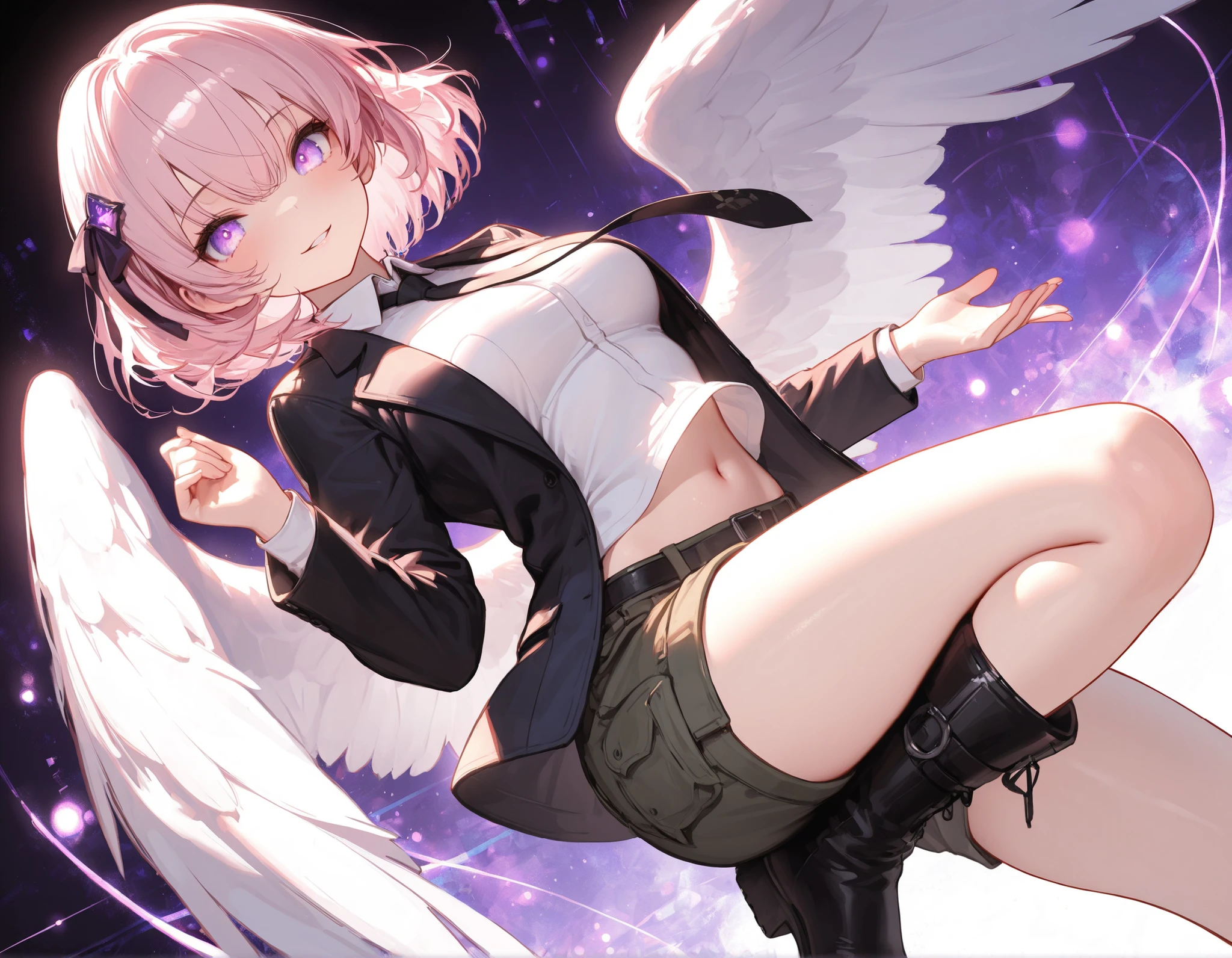 8k, HDR, extremely detailed face and eyes, beautiful face and eyes, perfect hands, good_hands, solo, 1 girl, violet eyes, light pink hair, short hair, cool, beautiful, medium breast, very cute, lovely, kawaii, hair ornaments, ribbon, hair ribbon, cargo shorts, white blouse with collar, tie, long business suit jacket, plato boots, stomach, navel, solo, artistic error, looking at viewer, smile, parted lips, abstract background, purple abstract background, glowing particle, glowing light, luminous light, low angel shot, focus boots, masterpiece, best quality, amazing quality, cinematic angle, cinematic shadows, From bottom to top, low angle shot, medium full shot