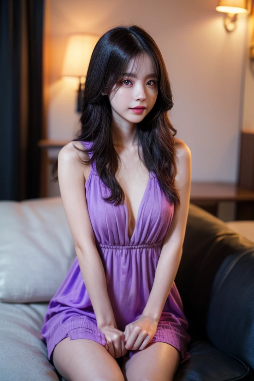 1girl in,Sitting on a cozy sofa,cross one's legs,Soft light,Chinese beauty, dark purple dress,A dark-haired,length hair