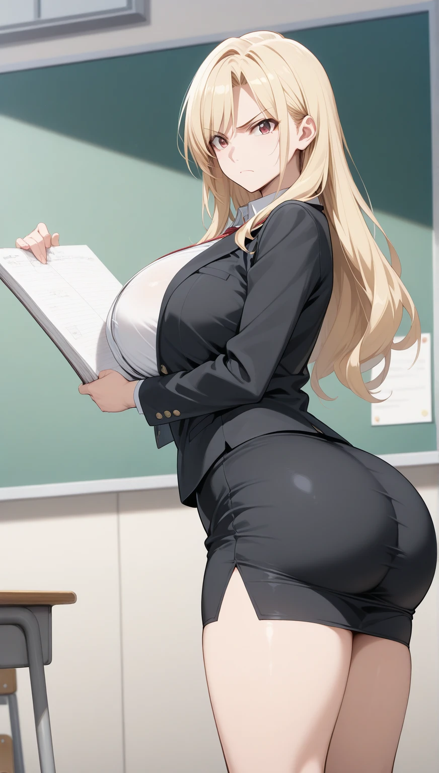 (masterpiece), best quality, (SHARP details), 4k, expressive eyes, SHARP detail expressive eyes, (SHARP detail perfect face), (((female teacher))), (((sexual education))), deep cleavage, large breasts, (nice hips), mature woman, ((female teacher clothes)), (((lots of writings on chalkboard)) and ((lots of drawings on chalkboard))), shirt, skirt, students, (MILF), glasses, smiling, open mouth, blonde hair, (drawing of an (anatomical diagram)), (short pencil skirt), ponytail, (lipstick), ((panty peek)), view from front, (view from below),