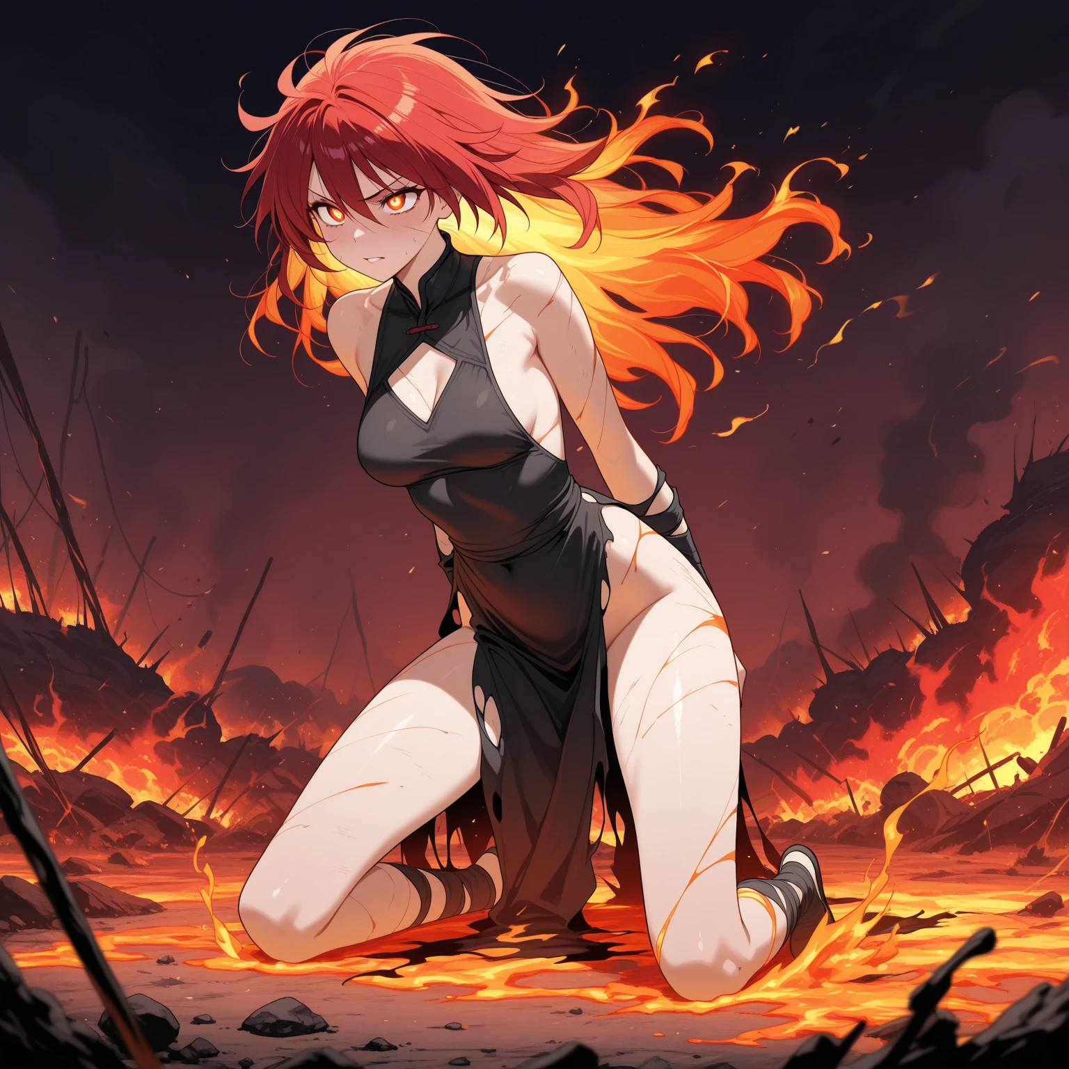 Anime girl with a naked fire body made out of fire but her private parts are not exposed with a long fire hair made out of fire she has sun mark in her pupils she has a scary smile as she has flaming chains around her her pupils were orange and there was a sun mark inside her pupils as there was only fire around her as she kept a scary smile pulling the fire chains with her hands and a lot of the fire chains is around the place her body made out of fire