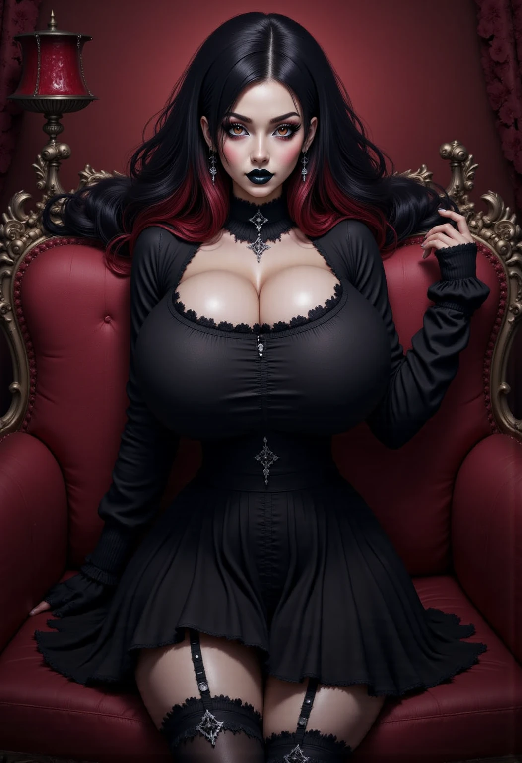 1girl, woman with black lipstick and a black sexy suit sitting on a chair, darkwave goth aesthetic, goth aesthetic, goth girl aesthetic, goth girl, gothic horror vibes, gothic aesthetic, ominous gothic aesthetic, goth vibe, cute goth girl, goth style, anime goth girl , tan skin, large breasts, f cup breasts, wide hips, thick thighs