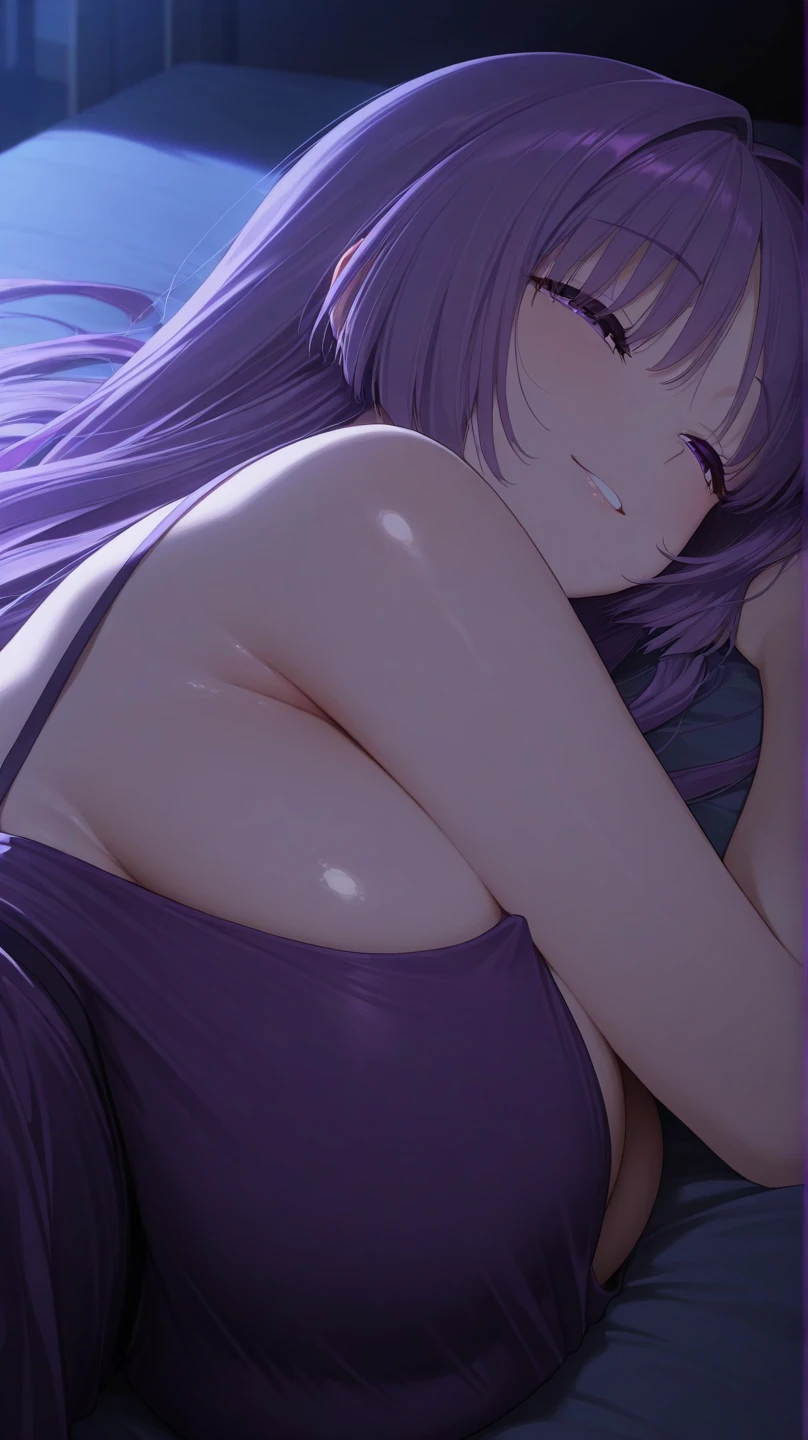 Beautiful foxgirl, large breasts,purple hair with pink highlights tips, masterpiece , red eyes, sexy, anime styled, 2D, mature, dynamic angle, long hair, fox tails, best quality, extremely detailed face, sharp details, high contrast, black bikini, beach, night time, popsicle