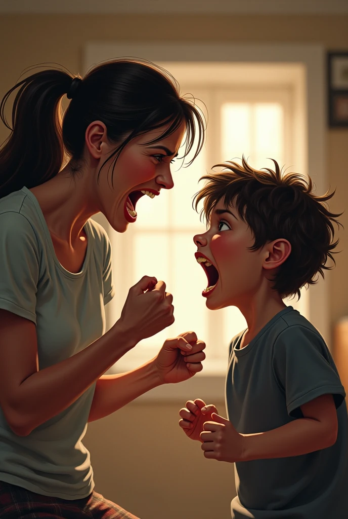 Mad mother and two boy child