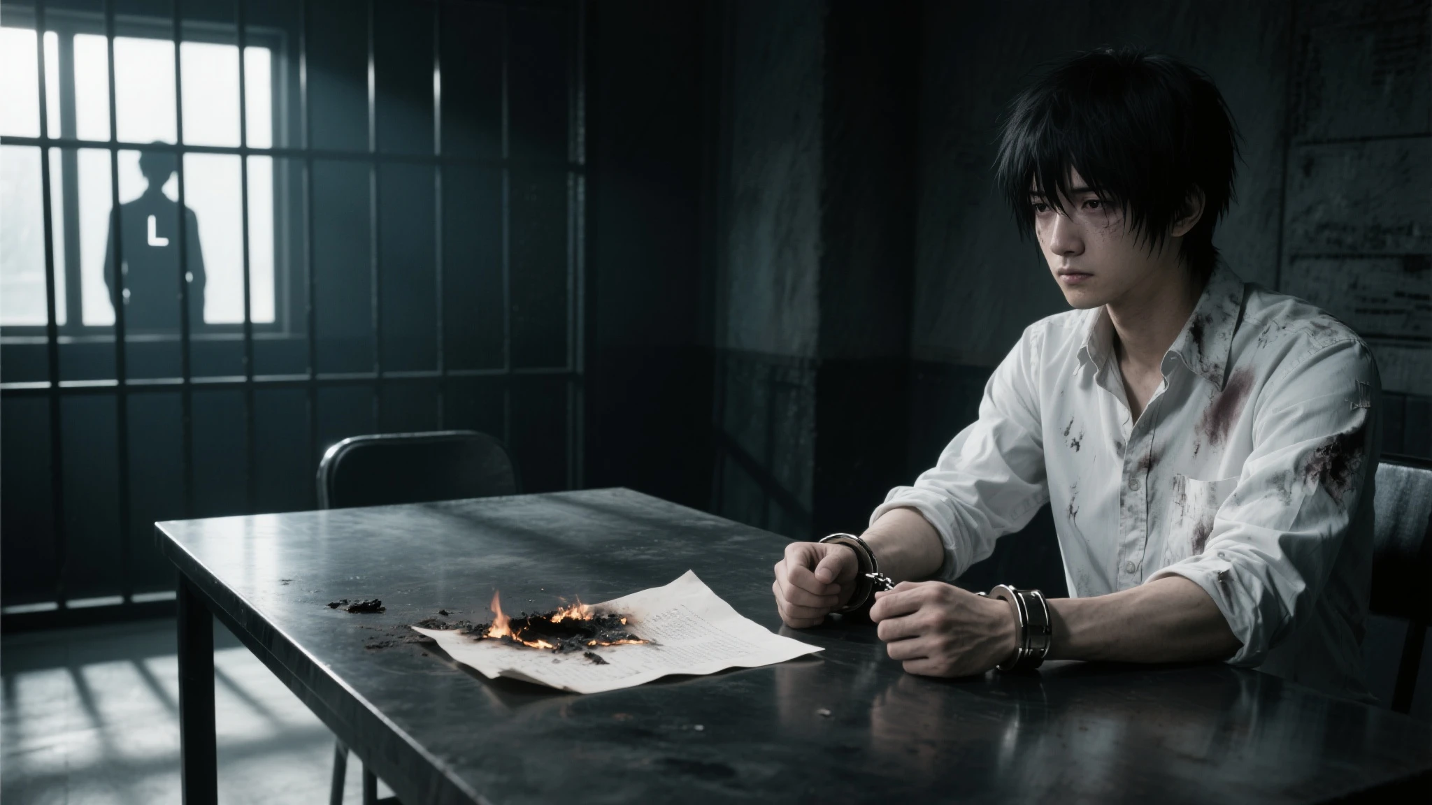 artwork best quality a handsome young american male ager with black hair and bangs wearing black clothes in captivity, chained with chains on each arm attached to the wall, hands acorrentado and whole body restrained, black suit without a blouse underneath, It seems difficult, implacable, black fantasy, realisitic, digitl art, trends on ArtStation, sharp focus, studio photo, details Intricate, seen from a distance, very detailled, Depth of field, Unreal machine, perfect composition, 8K americano