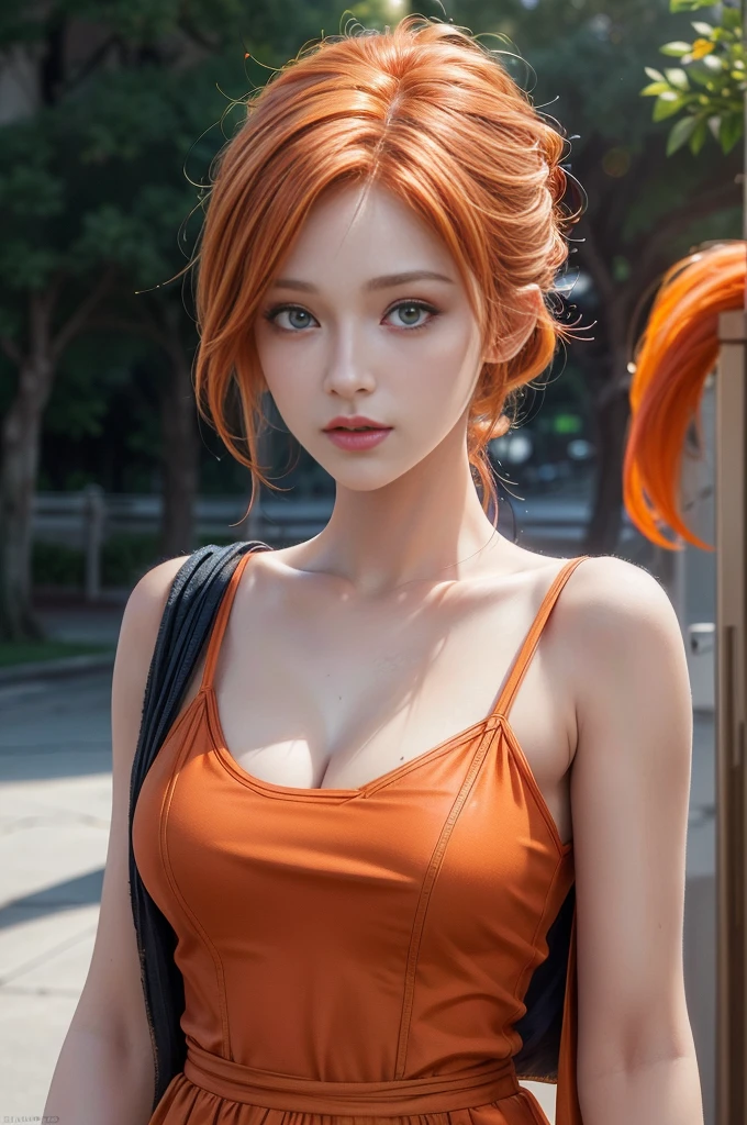 a beautiful smiling woman that is standing in the street, photo realistic, red twintail hair and green eyes, hot with shining sun, large breast, sandals, ((full body:1.5)), wide angle shot
