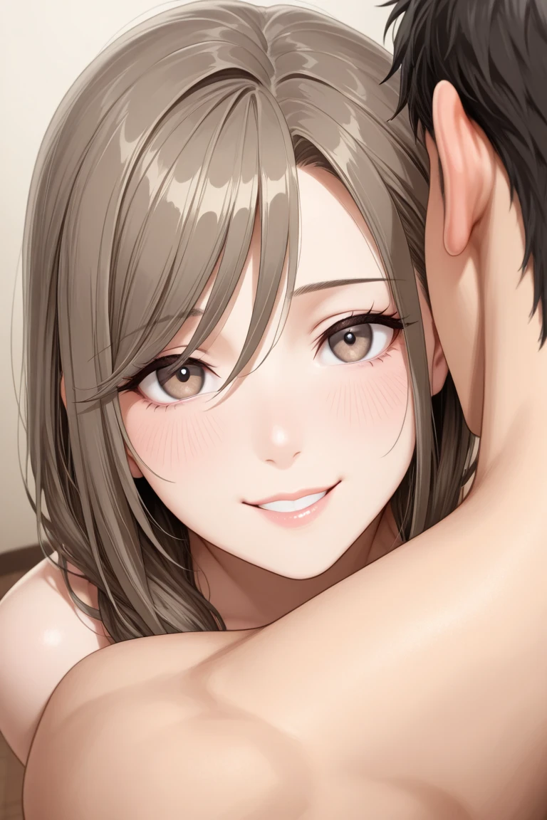Generate an image of Honami Mochizuki from Project Sekai. She is a high school student with long, straight hair in a rosy brown color.,with a slight curl. Her side hair is shorter and also slightly curled. She has straight-cut bangs, that frame her forehead. Often, has big, gentle blue eyes and a warm, friendly expression. blunt bangs,nsfw, (top less),steam,full breasts,1 boy,penis,fellatio,1 girl, tongue licking,side view,from side,cum to mouth,cum