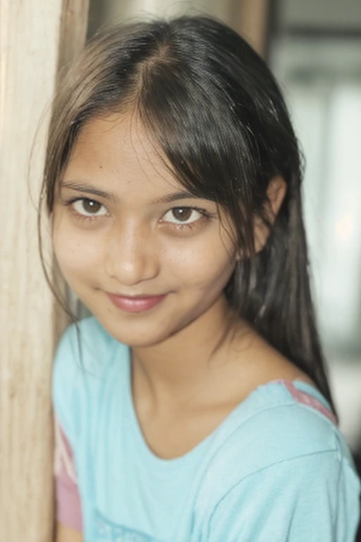 "A beautiful Indian girl's close-up face, radiating natural beauty and innocence. Her expressive eyes sparkle, revealing a depth of character and a hint of mystery. She has a serene smile that exudes warmth and friendliness, making anyone feel welcomed. Her flawless skin glows with a natural radiance, and her perfectly arched eyebrows frame her eyes gracefully. The soft, blurred background ensures that all attention is drawn to her captivating features, highlighting every detail from her delicate eyelashes to the gentle curve of her lips. This portrait captures not just her outer beauty, but also a glimpse of her inner charm and grace."