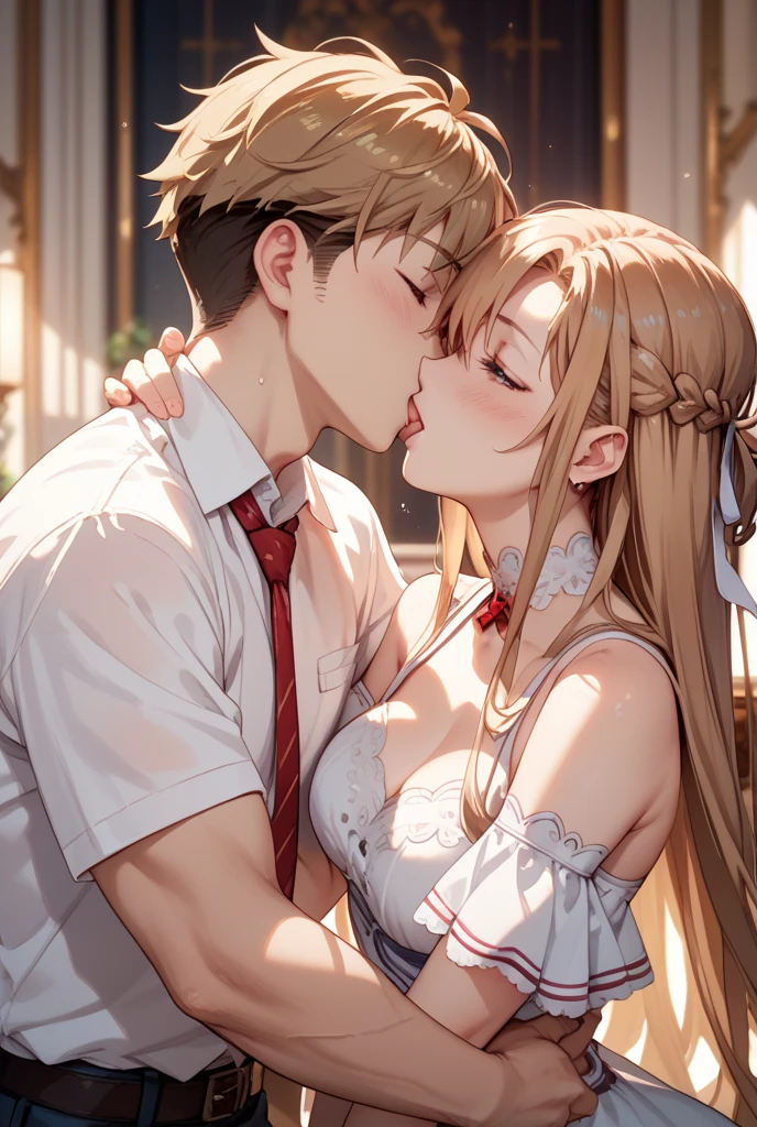 pure gold mouse sleeps in a brown-haired man's lap, highest quality, high res, masterpiece, mouse_girl_has_gold_hair, mouse girl, gold hair, golden girl