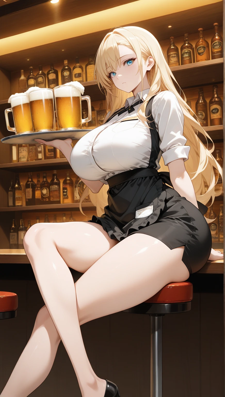 long_hair, big_breasts(1.2), big_thighs, microskirt, cleavage, blush, german_clothes(1.5), dirndl(1.5), waitress, (ribbon tied around waist), beer, sweat, bare_shoulders, bare_arms, revealing_clothes, wet_clothes, naughty_face, tray, smile, big_hips, blue-eyes, long_hair, blond_hair,