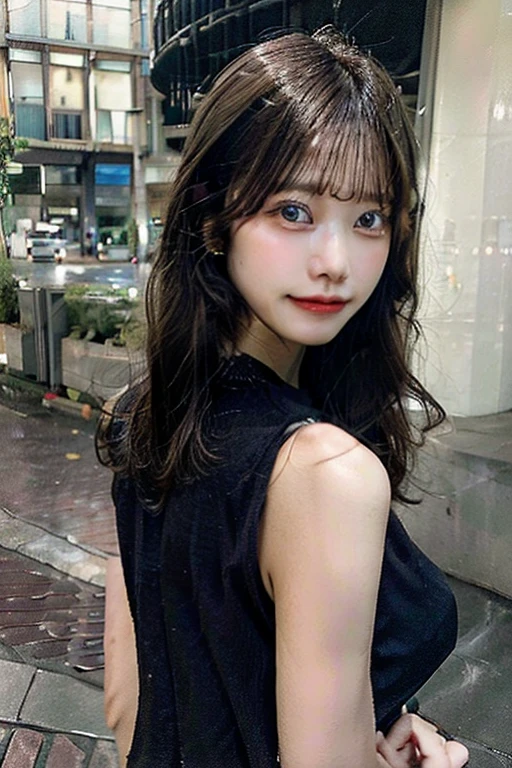 、17-year-old girl、Long Hair、Shoulder-length layers、Asymmetrical bangs、Japanese Idols、Bust Size C Cup、An angle that shows the knees、Neat clothes
