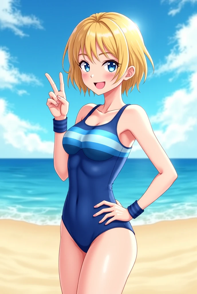 ((Masterpiece)), ((Best Quality)), (Detailed face:1.2), (Detailed eyes:1.2), (Detailed pupils:1.2), (Agile figure:1.2), (1 girl), intricate details, ultra-detailed, dramatic lighting, solo, 1girl, 22 years old, short blonde hair, blue eyes, glossy purple leotard, she's a gymnast, gorgeous girl, gorgeous body, calm smile, daytime ambiance, lens flare, expressive eyes, lively atmosphere, joyful expression, impeccable makeup, glossy lips, twinkling eyes, sunlit scene, whimsical feeling, standing, naked