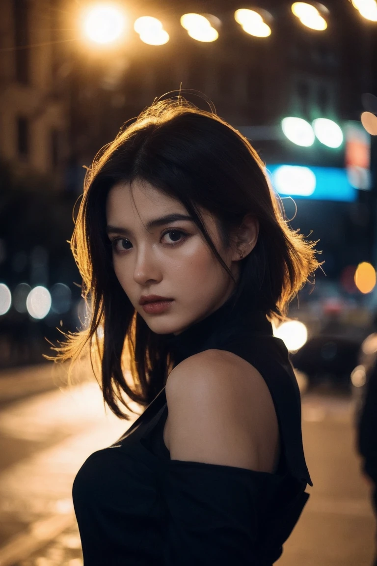 ((Mejor calidad)), ((obra maestra)), (Cinematic aesthetics:1.4) Foto de una hermosa modelo de moda coreana bokeh noche de la ciudad