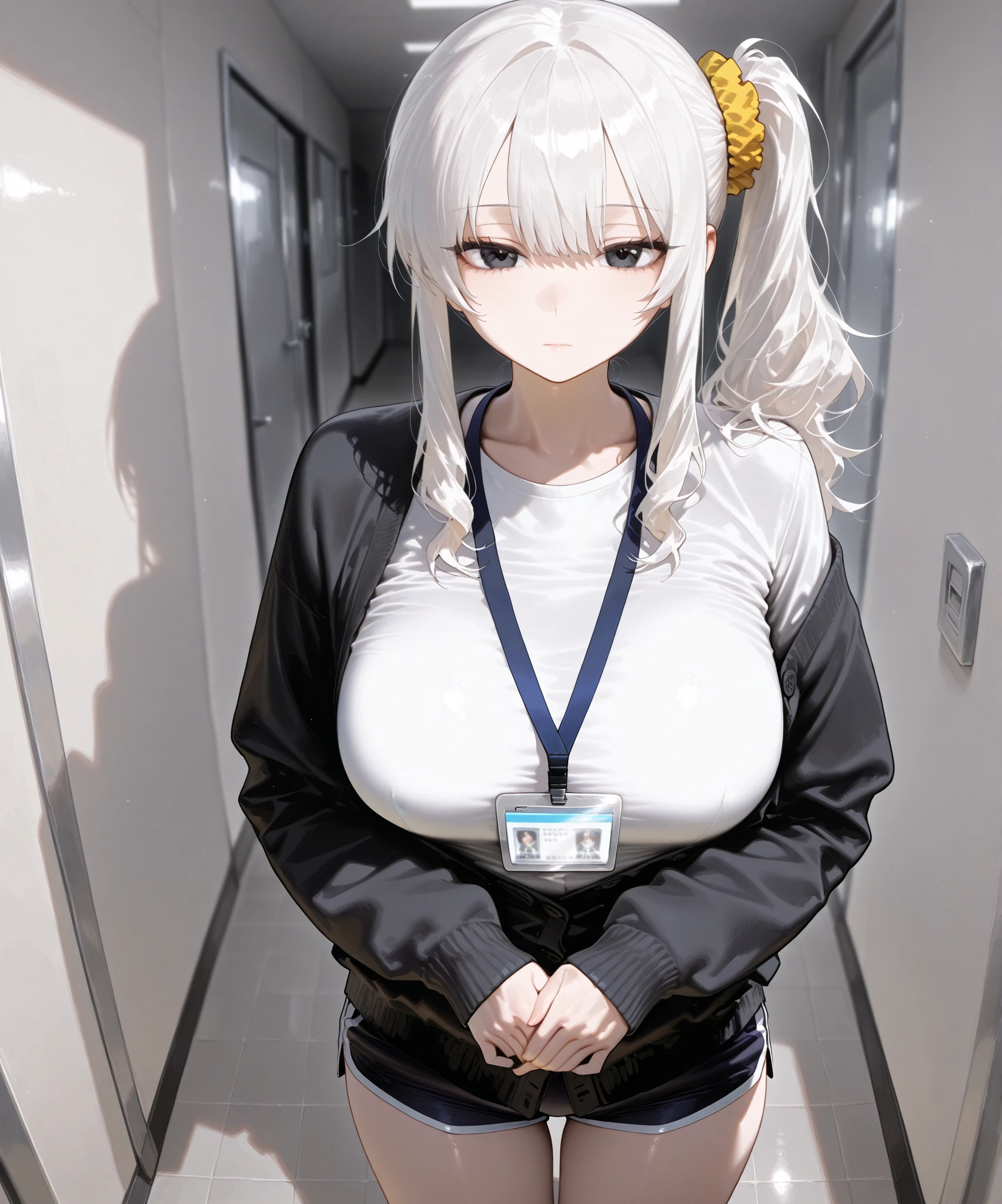 Headphones, red cheeks, detailed details (face, eyes, eyebrows, eyelashes) official art, masterpiece, highest quality, portrait photo of one girl, 16-year-old girl, wearing a bunny girl(white), (silver color, metallic, ) 8k, blonde, short hair, high resolution, ( butt:1.2)(headphones:1.2), (excellent rendering, stands out in its class), (great detail, good lighting, wide angle), big breasts (0.6), plump thighs, absolute area, detailed background,