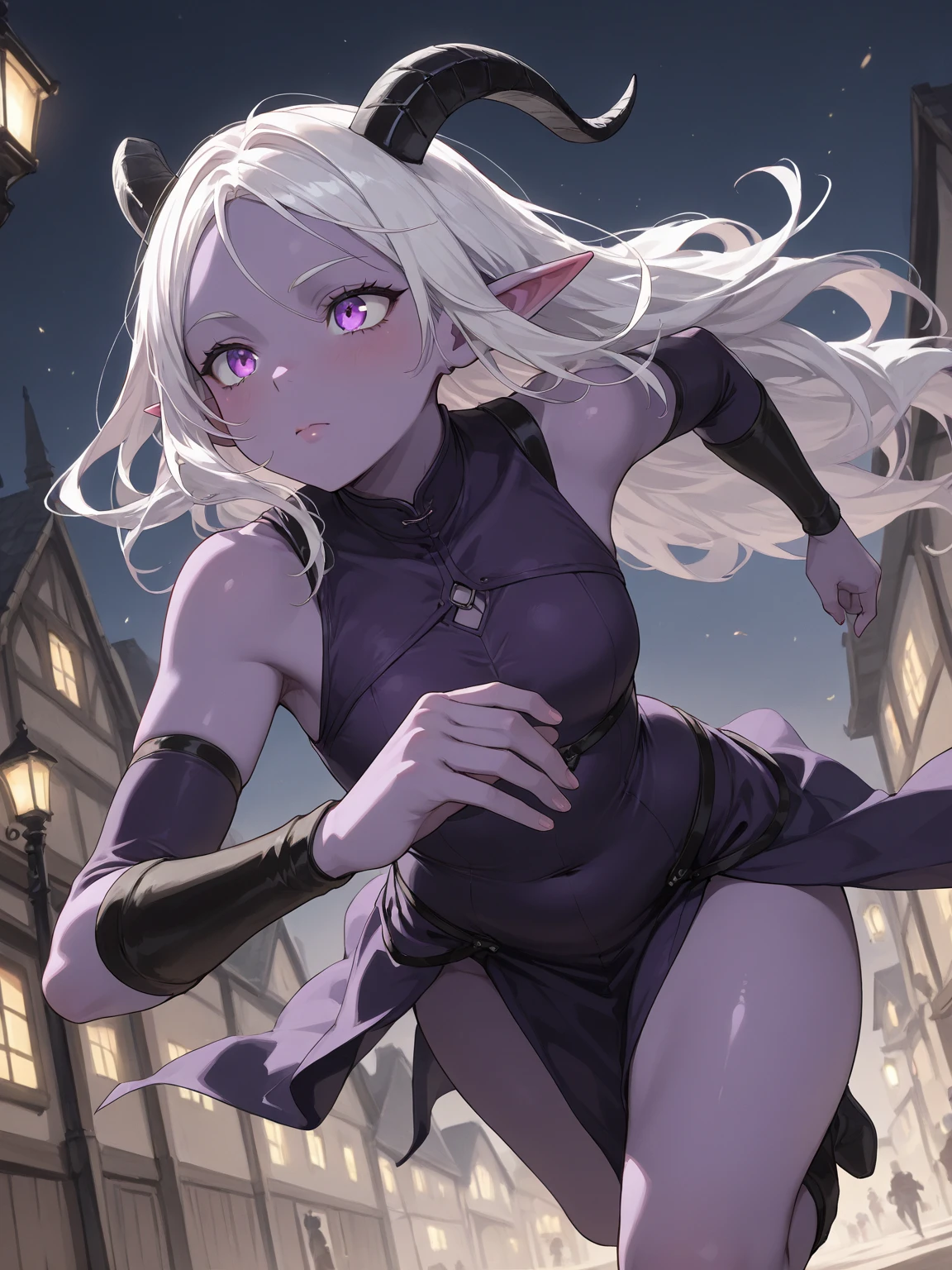 woman, dark elf, dark purple skin, white hair, on floor, 