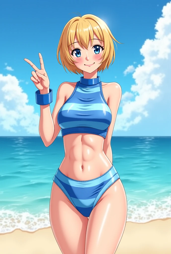 ((masterpiece, high quality, high resolution, absurd, super detailed, High saturation、8k)),real,cowboy shot,(gold one piece swimsuit:1.5),(colorful fluorescence multicolored hair:1.2),(1girl),(stand:1.5),large breasts:1.2,forehead,forced smile,cute face、beautiful eyes、fluorescent hair, (on the beach)、