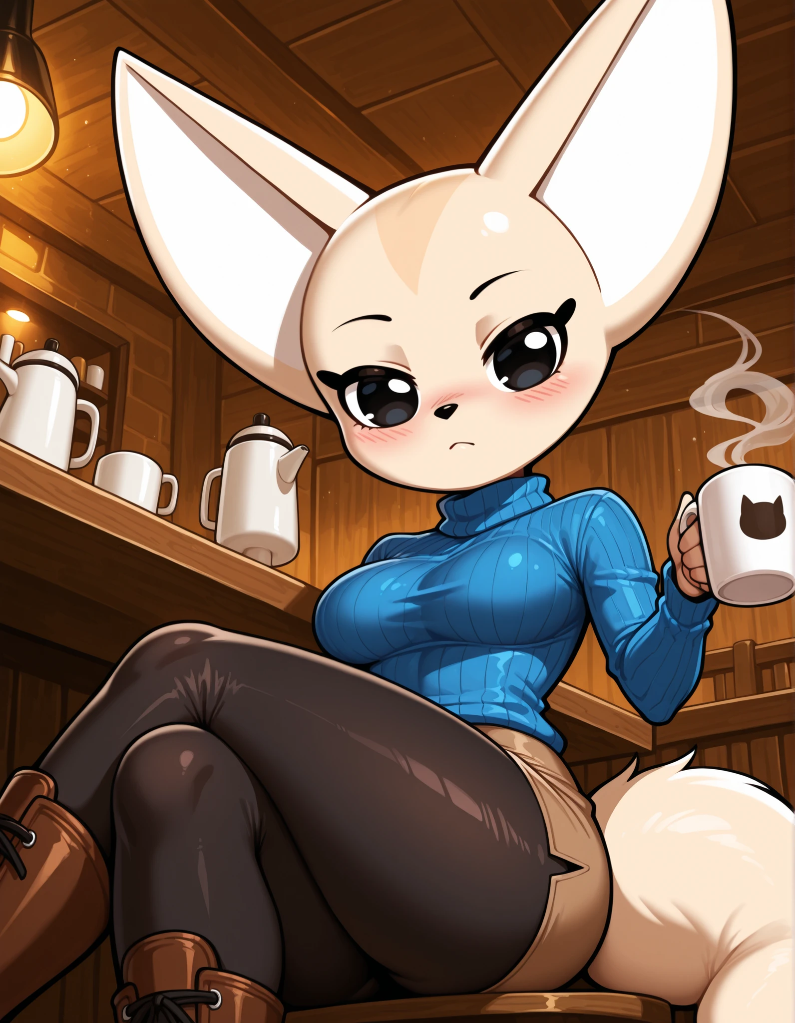 masterpiece, best quality, ultra-detailed, high resolution, super detailed skin, beautiful, perfect lighting, smooth edges, source_anime, solo, 1girl, zZFenneko, furry, fennec girl, black eyes, big eyes, medium breast, curvy, blush, sexy, seductive, confident, expressionless, Blue turtleneck, brown skirt, black leggings, brown boots, inside, Cafe, dynamic Angle, s1_dram, perfect lighting,looking at viewer, romantic, close up, posing , sitting, legs crossed, ((holding coffee mug))