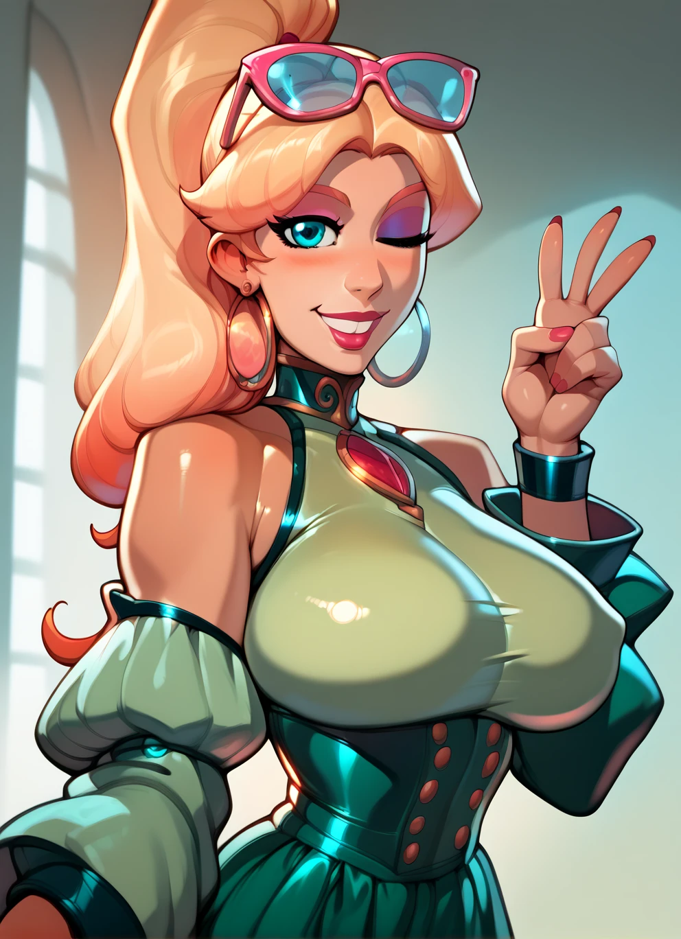Slim athletic woman, age 25, 4K (High definition), mysterious smile, seducing gaze, greeneyes, wearing a royal dress ((with v-neckline)), wearing tiara and choker, arms positioned at the side of the body, Caucasian skin, long blonde hair ((at shoulder height)), sitting (inclined trunk, hands on a table), curvy with freckles on her chest and neck, big round breasts. High-quality Marvel style, white background.