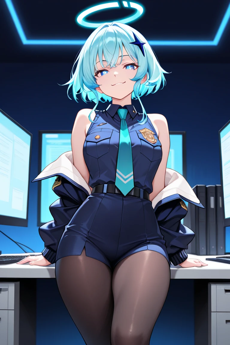 1girl, blue hair, large breasts, bunny ears, rabbit ears, wide hips, bodysuit, black bodysuit, short hair, very short hair, science-fiction, tech, futuristic, machinery, full body, ((full body)), smile, light smile