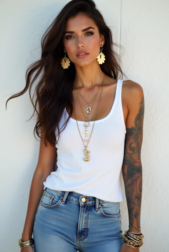 (photorealism: 1.2), hot sexy black girl in sexy dynamic pose. raw portrait photography, hyper realistic and detailed face, complex and realistic skin texture, hot body, athletic body, brazilian, smiling, full lips, long hair tattooed girl with jewelry, tanned, wearing linen t-shirt. at the airport on the airplane ladder