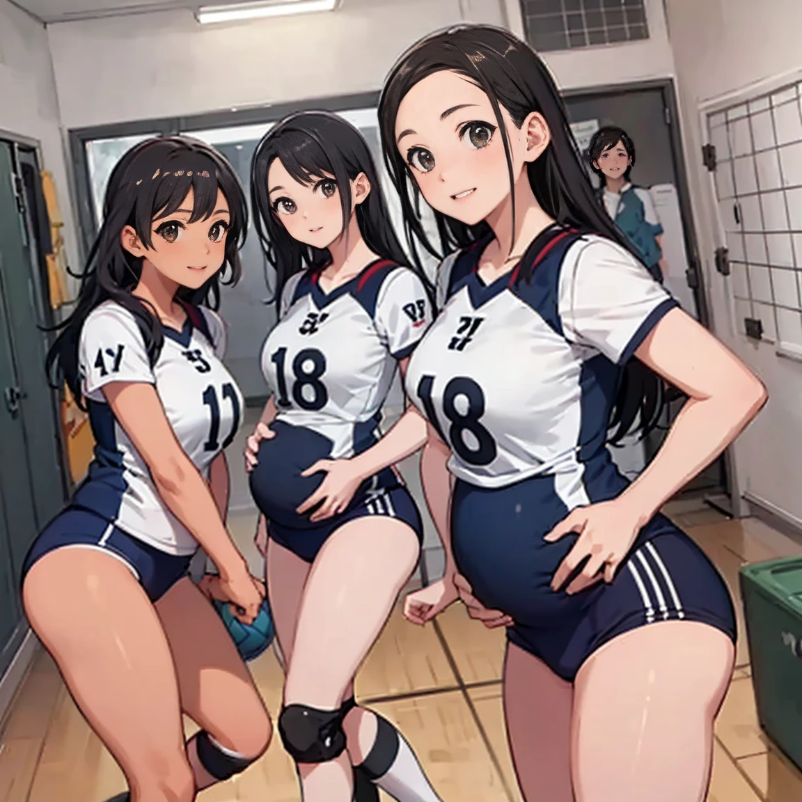 unity 8k wallpaper, anatomically correct, (((masterpiece))), (((best quality))), (((ultra detailed))), (((high-resolution))), ((super fine illustration)), ((Ultimate cutie)), ((detailed beautiful face)), perfect hands, perfect finger, (((good anatomy))), BREAK, multiple girls, lovingly gaze, harem, group picture, 17 years old, (potbelly), (Curve), medium breasts, ((thick thighs)), Shiny hair, (((coquettish smile))), (((blush))), BREAK, Adidas, Sleeveless collared Volleyball Uniforms, ((wristbands)), BREAK, (Hold the beautiful spherical 6-inch volleyball), ((Sweat)), (perspired), (Heavy breathing), in gymnasium, in volleyball court, depth of field, strong light, cowboy shot,,