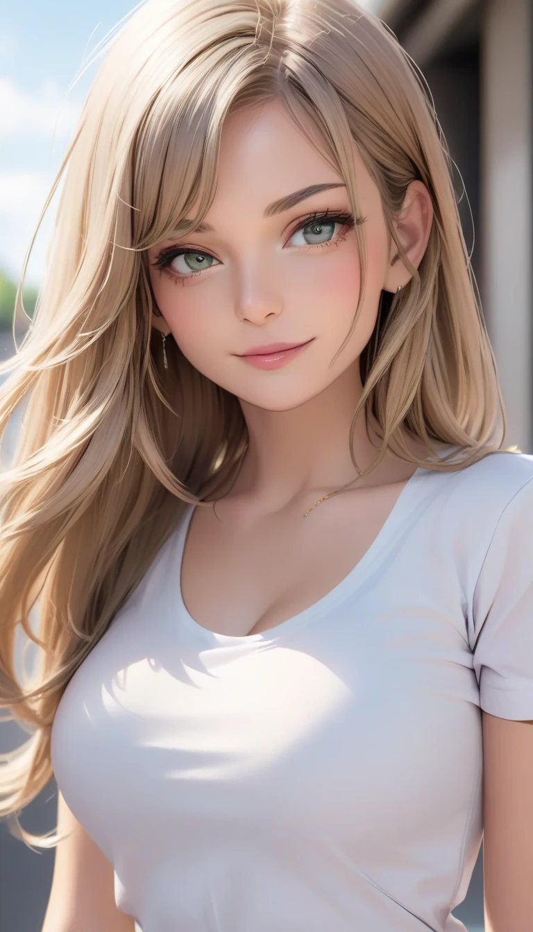 masterpiece, highest quality,Face-to-face audience, Upper body,Middle-aged women,Greek Goddess Attitude, Melon seed face, ((Long, narrow eyes)), Mole under the eye,Brown eyeball, Thin lips, Anorexia,blonde, Very long hair, Laugh with your mouth closed,40 year old mature woman, self-portrait, Simple Background,Thin legs,Close your eyes and smile,Swimwear,The happi coat is open