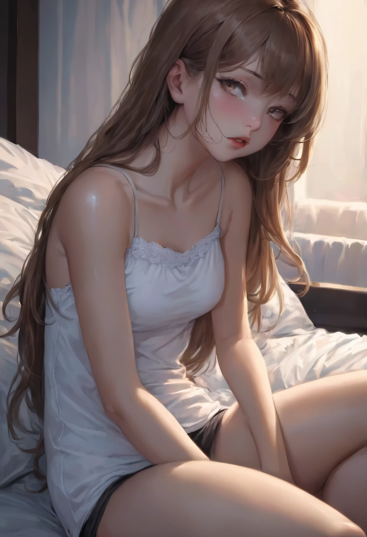 18 years old girl, pale t-shirt, panty, long scattering hair, large breasts, laying on bed, spread legs, full body, hyper details, masterpiece, perfect body