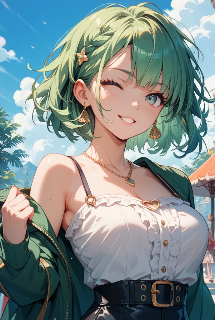 (best qualtiy,8K,32K,tmasterpiece,hyper HD:1.3),Green hair,1Girl,tatsumaki, perfect body,Super detailed face, small breasts,Black hair,Green clothes,Off-the-shoulder attire, revealing clothes, beautiful eyes, High quality, sexy pose, happy face, eye contact, skinny , perfect febric , realistic