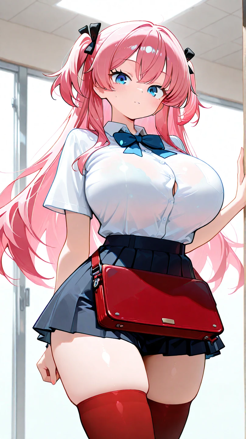 look back, 最high quality, High resolution, very detailed, detailed background, perfect lighting, indoor, 1 girl, small, looking at the viewer, , Maid clothes, adorable smile, carrying a pink school bag backpack, (Randoseru Backpack:1.0), looking at the viewer, high quality, 8K, ((big breasts)), nipple, (sow off nipples under white shirt:1.1)