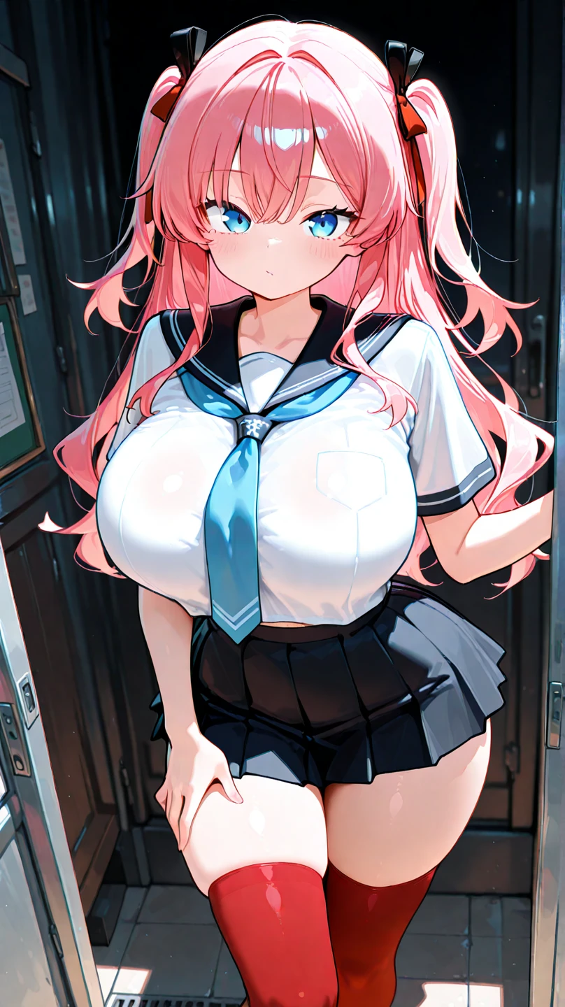 star piece,highest quality,(Super detailed),written boundary depth,perfect sentence, Detailed CG,Super detailed,(highly detailed eyes,very cute face,highly detailed face:1.3),beautiful anime girl,(solo girl:1.9),(super huge breasts:1.9),(pink hair,low twin tails:1.5),(light blue eyes:1.3),(glare:1.3),show viewer,break,(black military uniform,honorarium,black military cap:1.5),epaulettes,decorate the mood,white gloves,black pleated skirt,micro mini skirt,black garter stockings,battlefield,Desolate wilderness,cloudy sky,break,Are standing,(put one hand on your waist),cowboy shot,(Angle from the side:1.2)