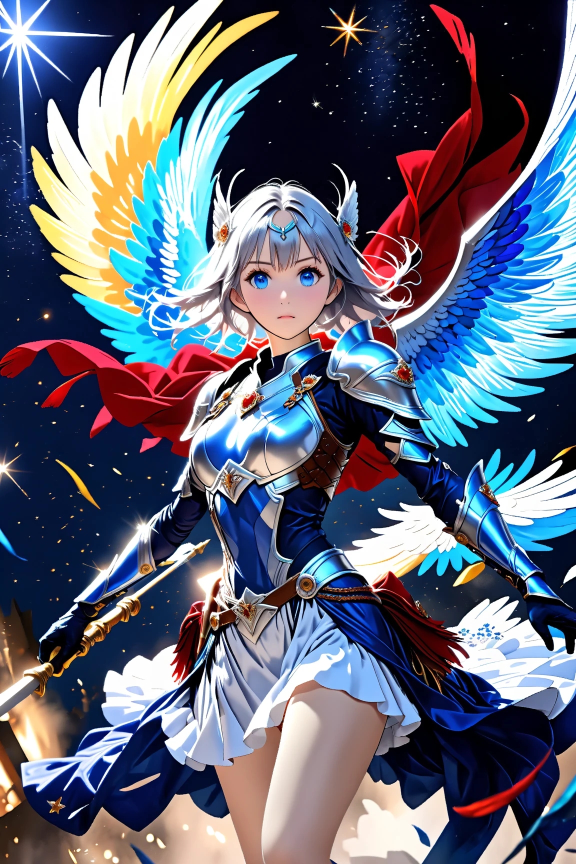 Highest quality, Great quality, 16K, Unbelievably absurd, Very detailed, 2.5D, delicate and dynamic, Small faint lights and flying fireflies, night, Starry Sky, milky way, nebula, shooting star, Flowers, bird, Wind and Moon, Castle in the Sky, erotic, Only sexy women, Healthy body shape, 2. Women, Asura, Height: 170cm, 8 heads, Large, firm, swaying bust, A colorful holy sword, Full Body Metal Armor, Complex Armor, Brightly colored armor,
