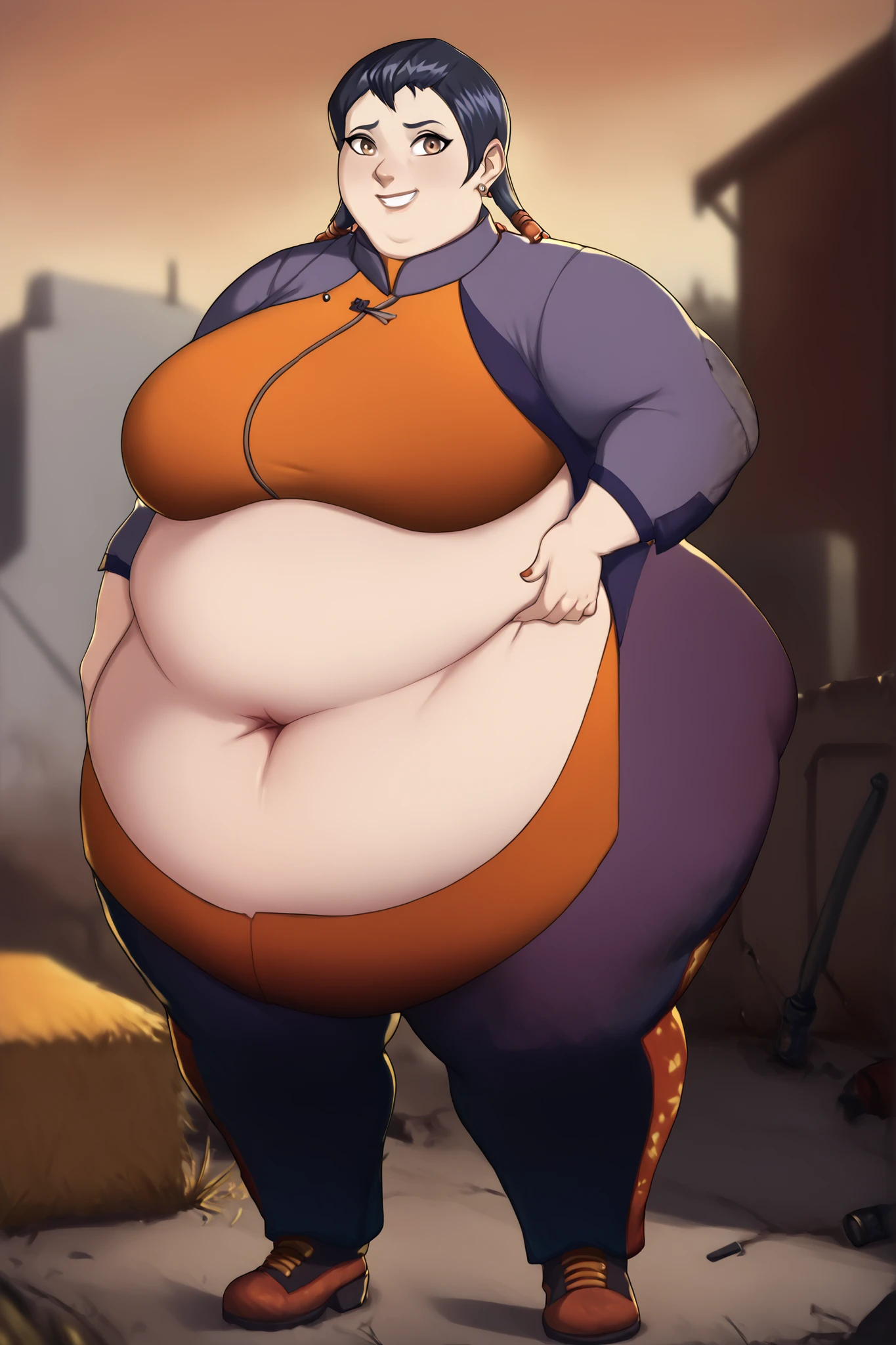 a anime drawing of a fat man with a whip in his hand, thicc, full body portrait of , fullbody commission for, thicc build, commission for high res, thick black lineart, he , cel shaded!!!, oc commission, full body!, ((handsome)) full body close-up shot Single Subject!!, background ((Yokohama )) . Morbily obese!! ( super large,Fat, round, belly)), ,(( large double wide hips)), ((large fat butt), (( large ,thick, fat thighs)) , Proportionally large and fat arms and Legs!!, large Fat breast, fat chubby cheeks, Fat face, multiple chins, , masterpiece!!, full body!! , Expression(angry, frowning) pose(running , legs Spread out ), Effects ( clothes Ripping , Red Aura) , anime, (Male) , handsome, (Chuuya Nakahara from Bungou Stray dogs), ((medium length, Messy orange hair )),(( fox like Grey eyes)) , ((Grey vest,white shirt, black jacket oves the shoulder, Black fedora)), pale Skin