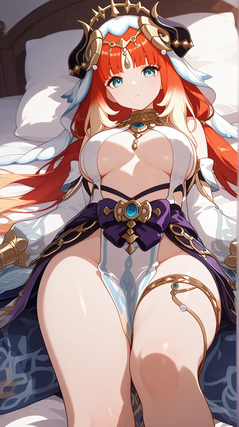 ((masterpiece, best quality)), high resolution,ultra detailed,8k,16k,detailed background, perfect lighting,detailed beautiful eyes,1girl,solo,embarrassed,blush,skirt lift,look at viewer,steam,sweat,show off pussy,(yellow peeing:1.2),(from below:1.2),(from front:1.2),aroused, squatting,watery eye,wavy mouth,open mouth,confused,small breast,slender,fair skin,nilou \(genshin impact\),long orange hair,blue eyes,short body,short stature,forest