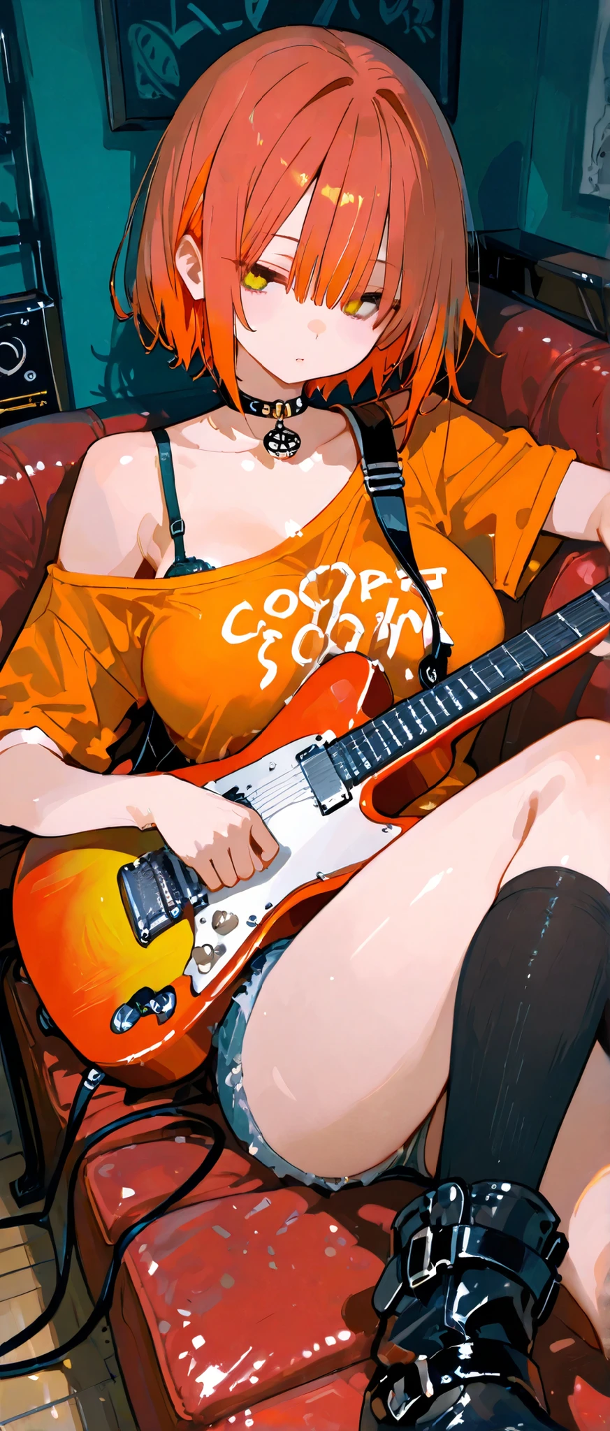 Highest detail. A masterpiece. Original characters. Cute girl characters. Cool and provocative look. Orange and red mixed hair color, inverted and tousled, short hair. Light yellow eyes, scornful eyes, round and large breasts. Rocking off-the-shoulder t-shirt, short turquoise denim shorts, rocking boots, black knee-high socks of different heights on each side, spiky choker around her neck, bra shoulder straps that slip off. Pose lying on sofa playing cool electric guitar, guitar strap caught between her breasts. Rock girl's room. Chic color scheme. 1080x2520
