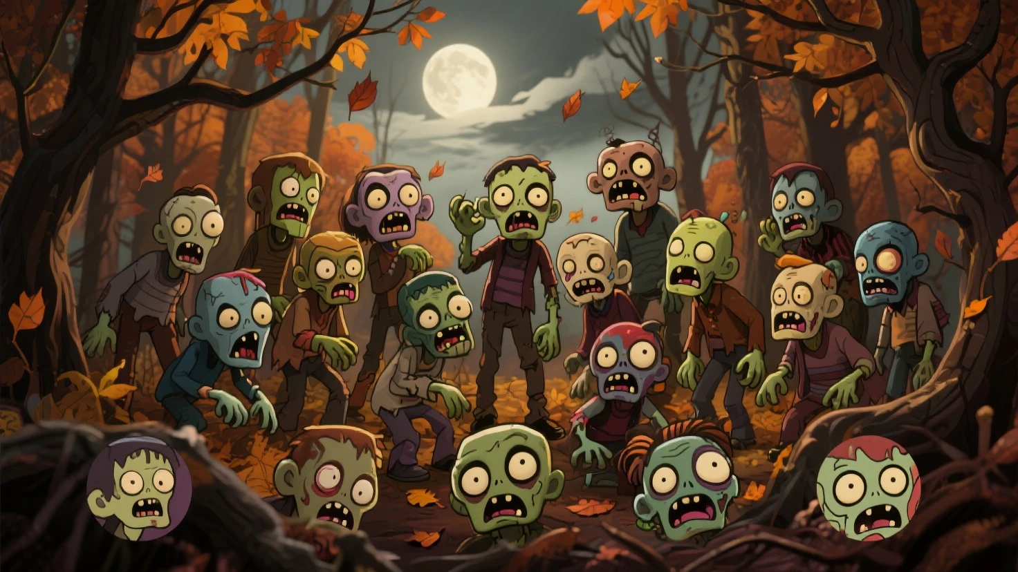 funny zombie,orange,cute,big eyes,masterpiece,full moon,alley