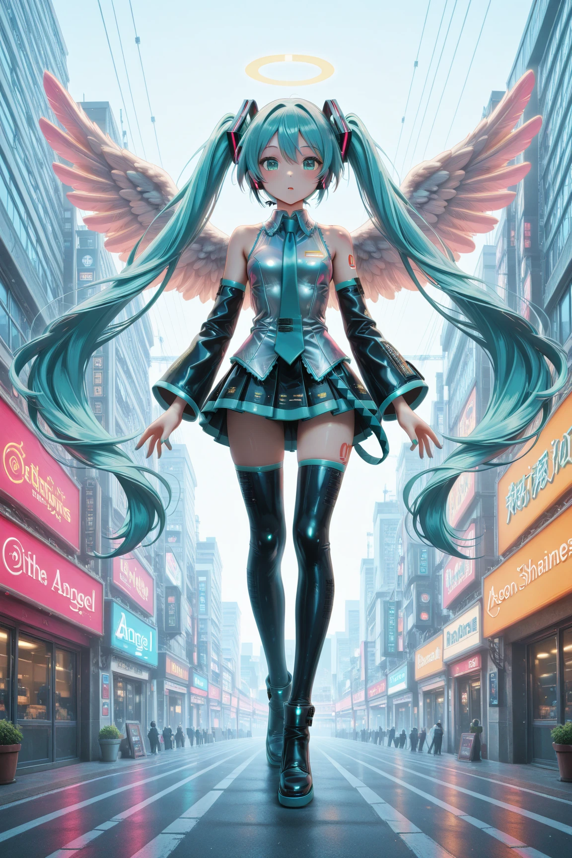 ((((1 one young girl)), ((by Yang J, rossdraws 1. 0)), 🌺.((Teenage girl，Rebellious girl)),((Slim sexy girl)),((cute small breasts),(Full body picture：1.2). ((smile)), ((Cleavage fully exposed)), ((very beautiful young girl:1.44))), (((very short hair), (fullbody), (A who is a loli:1.3),(SF),full body), (1 girl, solo, kawaii, anime:1.25), (loli, little, tiny, masterpiece, angel, angel wings, simple halo:1.23), (aqua hair, long hair, blue eyes, twinkle eyes:1.18), (shiny skin, shiny hair, small breast, blue sky:1.18763), (magical girl costume, bare shoulders, white leotard, micro skirt, frills, flying:1.15763), (blush, smile, multicolored clothes, pastel color:1.1225),(dynamic angle, cinematic lighting, depth of field:1.08), fantasy, happy, solo focus, simple background, (see-through:0.85), (BREAK)). ((cyberpunk cityscape, skyscraper, neon lights)), ((intricate details:1.1), (complex background))， ((Bright colors))，((dynamic perspective dynamic combination))，((cyberpunk style)).