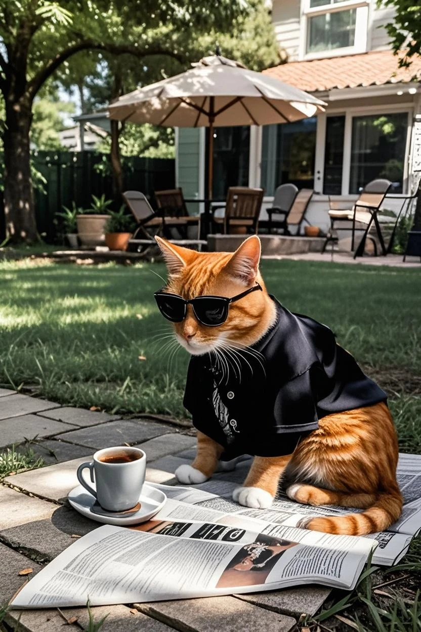 "A golden Scottish Fold cat, Johnny, sits on a park bench, casually smoking a cigarette. The bench is surrounded by blooming flowers and tall trees. Johnny is wearing a casual outfit: a hoodie and jeans. His expression is relaxed but slightly bored."