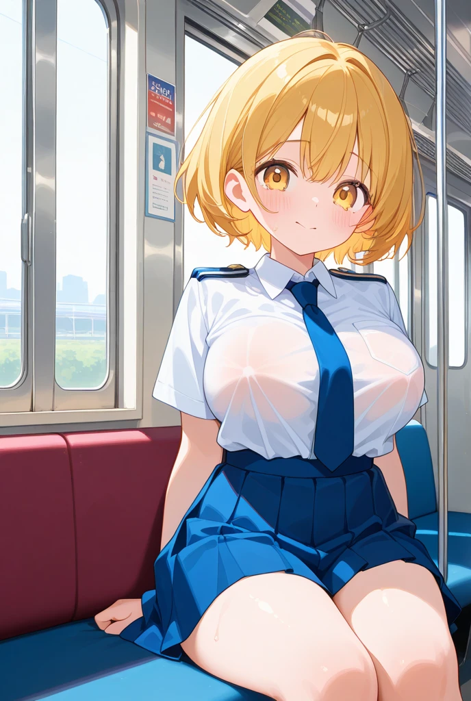 masterpiece, Highest quality, High resolution, One girl, Himliza, Folded ponytail, Brown eyes, , uniform, Blue jacket, Blue pants, , glamorous, Outdoor, View your viewers,Big Breasts, Black innerwear, blush