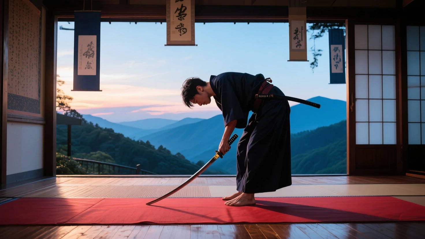 "A scenic view of Chichibu Village in Saitama, Japan, from the mid-19th century, with a young Eiichi Shibusawa practicing martial arts or studying, highlighting his early life and dedication to learning."
